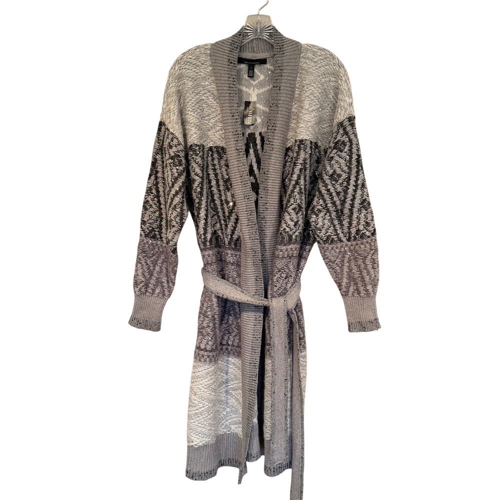 White House Black Market Fair Isle Sequin Cardigan Sweater Women's L Gray Boho - Picture 4 of 14